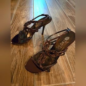 Gorgeous, Two Lips, strappy, bronze rhinestone sandals